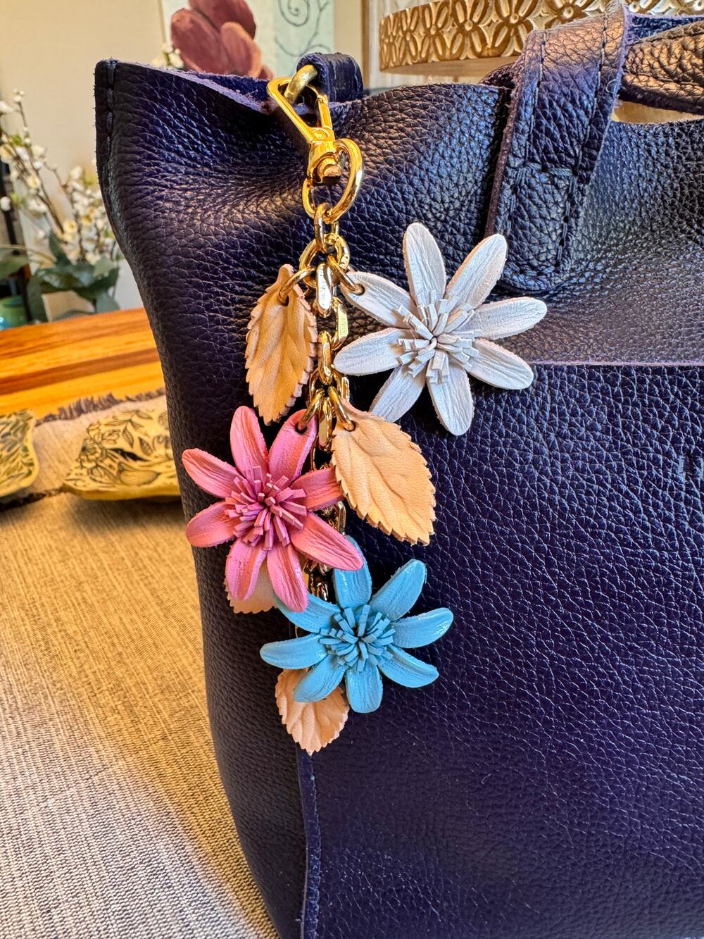 Pink Baby Blue Flower Bag Charm Genuine Leather Purse Charm Flower Charms NEW!